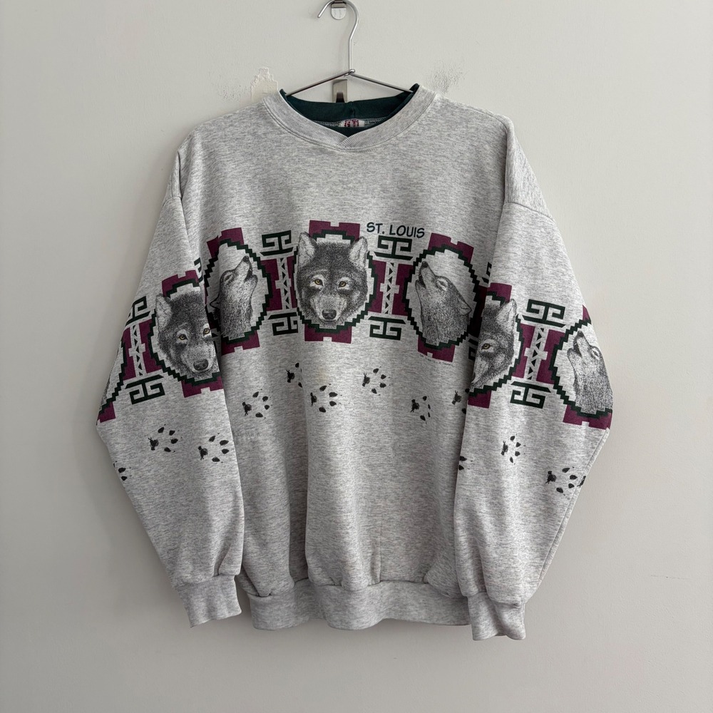 Vintage 1993 Art Unlimited Sportswear Wolf St Louis Sweatshirt Grey Large